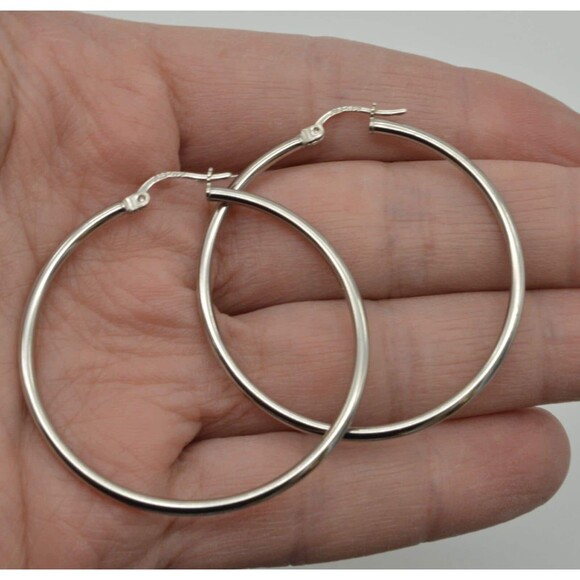 14k Solid White Gold Large hoop Plain Polished Earrings 40mm x2mm. 1.57 inches - Picture 1 of 5